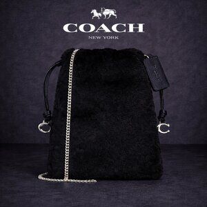 NWT Coach Shearling Drawstring Pouch Bag Black Leather Crossbody CE759